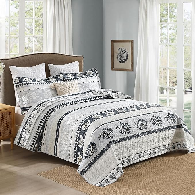 Cotton Comforter Set, Blue Quilts Queen Size, Luxury Striped Bedding Queen Size,Lightweight Reversible Bedspread 3 Piece