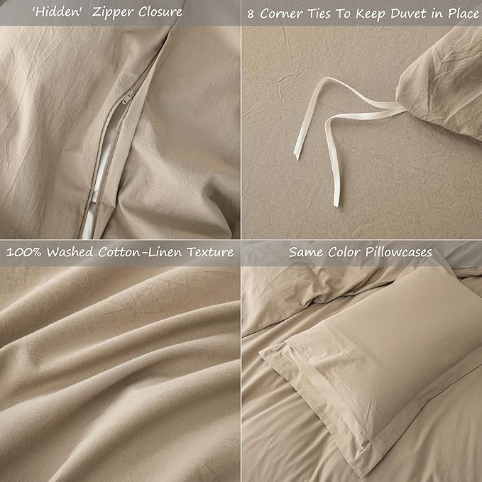 Linen Feel Duvet Cover King Size 104inch x 90inch,100% Washed Cotton Duvet Cover with Zipper Closure and 2 Pillowcases, Color of Mocha Brown