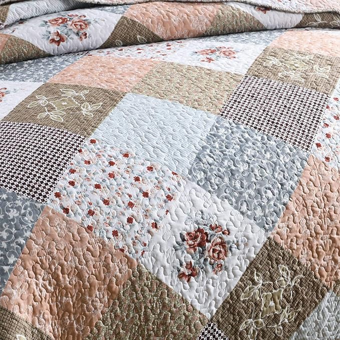 HoneiLife Quilt Set Queen Size - 3 Piece Microfiber Quilts Reversible Bedspreads Patchwork Coverlets Floral Bedding Set All Season Quilts,Mocha Rose-Queen/Full Size