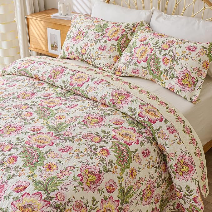 Cmfshape Floral Quilt Sets Bedspread Set 100% Cotton Bedding Set, All Season Use Lightweight Reversible Coverlet Quilts with 2 Pillow Shams(King 106"x96")
