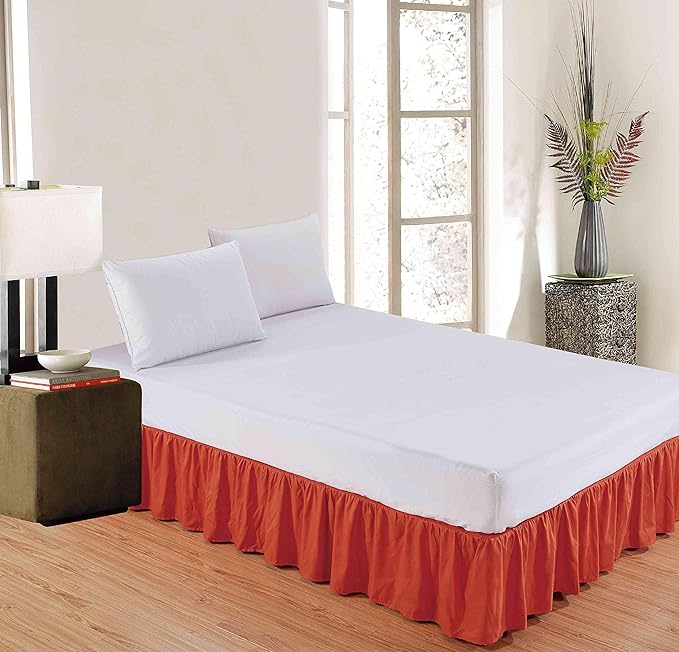 Sheets & Beyond Wrap Around Solid Microfiber Luxury Hotel Quality Fabric Bedroom Gathered Ruffled Bedding Bed Skirt 14 Inch Drop (Queen, Orange)