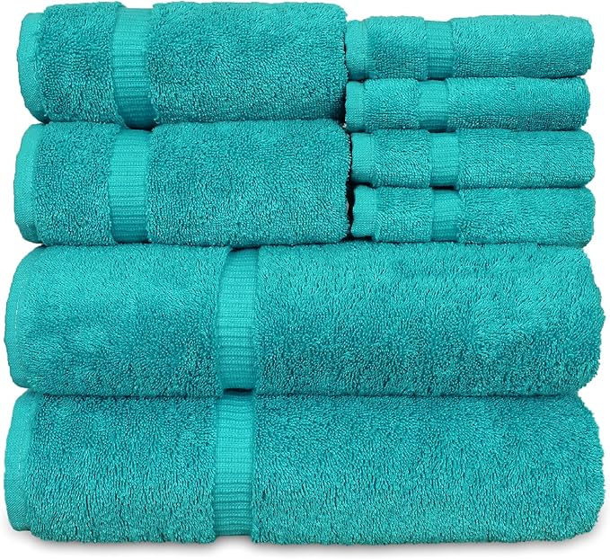 Luxury Hotel & Spa Quality, Highly Absorbent 100% Turkish Cotton, 750+ GSM, Eco Friendly Towel, Bathroom and Kitchen Dobby Border Towels, 2 Bath Towel, 2 Hand Towel, 4 Washcloths (8 Piece, Aqua Blue)