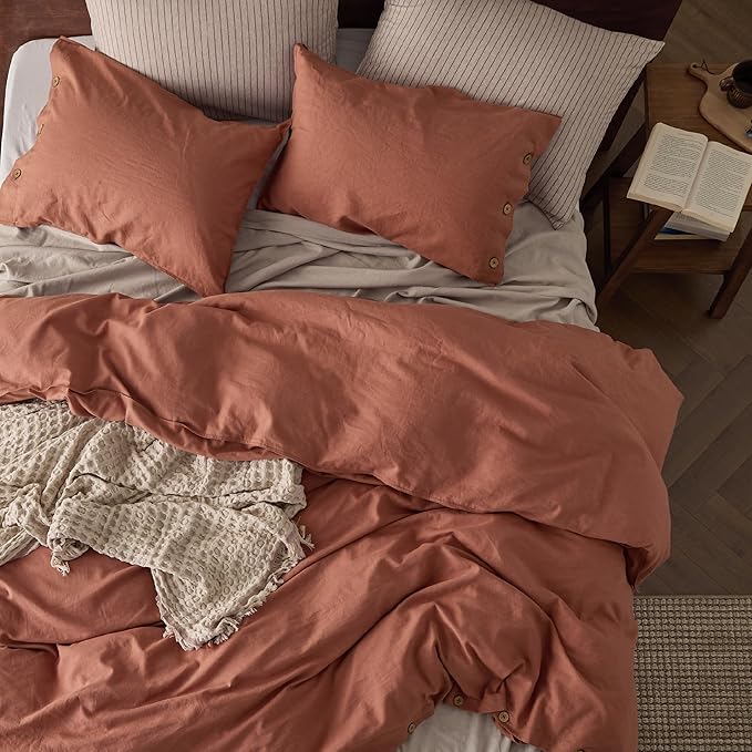 Bedsure Linen Duvet Cover King - Linen Cotton Blend Bedding Set, Soft & Cozy, 3 Pieces, 1 Duvet Cover 104x90 Inches and 2 Pillowcases, Burnt Orange Color Cooling Bedding, Comforter Sold Separately