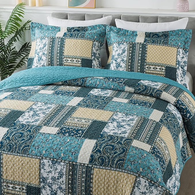 BEDIFANY Cotton Queen Size Quilt Sets, Lightweight Bedspread Queen Size Coverlet Boho Queen Quilt, Soft Farmhouse Queen Quilt Bedding Sets for Bed Decorations for All Seasons (3 Pieces, Blue)