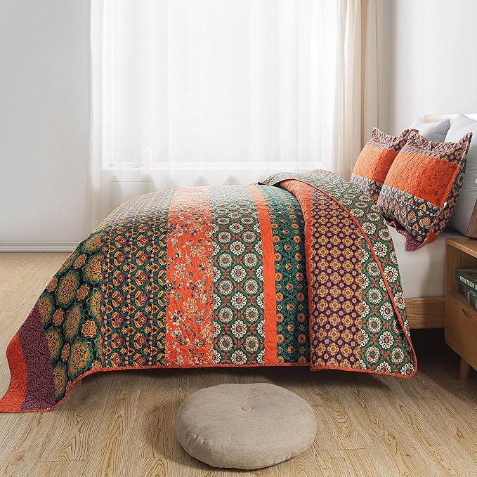 HoneiLife Quilt Sets King Size - 3 Pieces Microfiber Quilt Lightweight Bedspreads Wildflower Coverlets Retro Bed Cover King Quilt Bedding Set All Season Quilts-Pumpkin