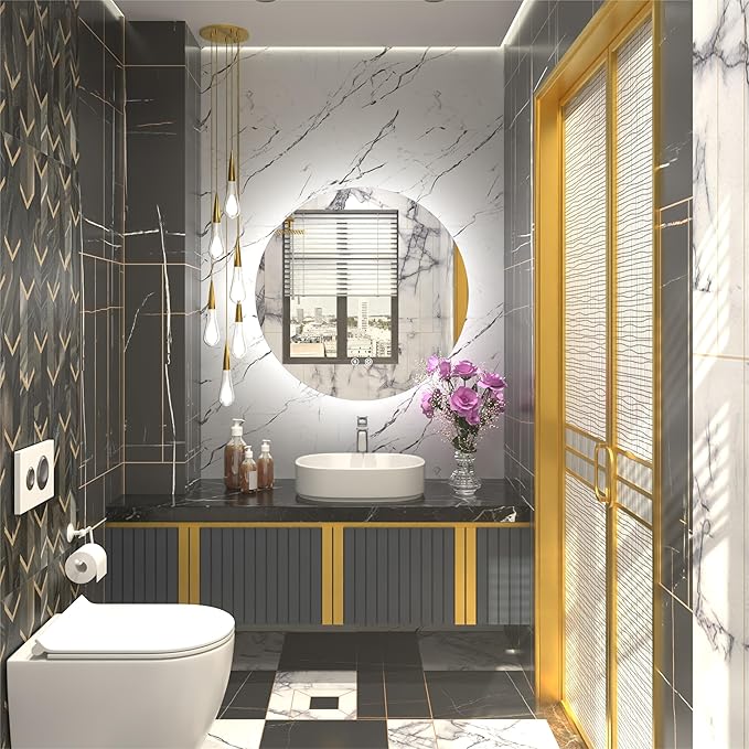 LED Bathroom Mirror 24 Inch, 3 Color Temperatures (3000K/4500K/6000K), Dimmable Backlight, Anti-Fog, 5MM HD Glass, CRI 90+, Round Vanity Mirror with Light