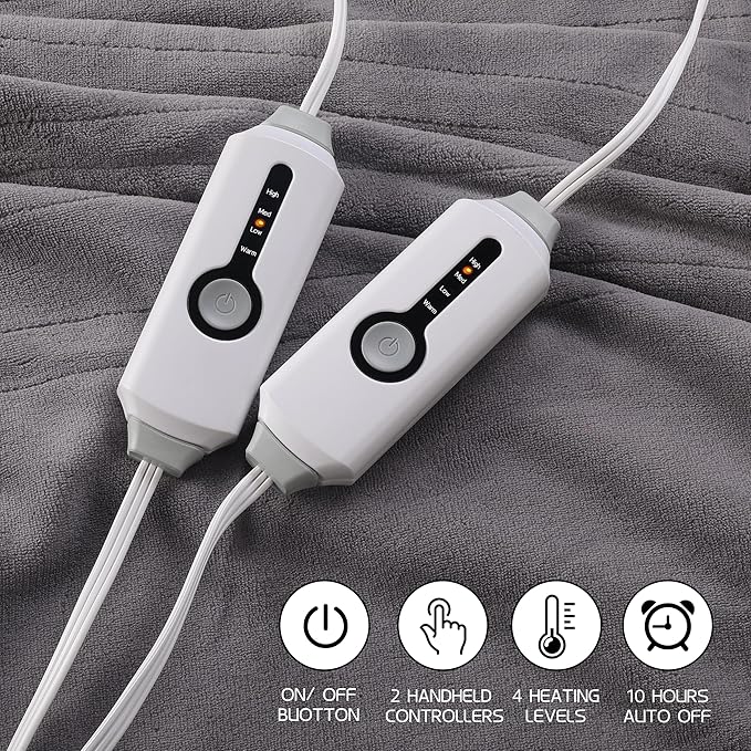 Electric Heated Blanket 90"x100" King Size, Soft Coral Fleece, Dual Controllers with 4 Heating Levels and 10 Hours Auto-Off, Machine Washable, Cozy Plush Fabric for Home, Light Gray