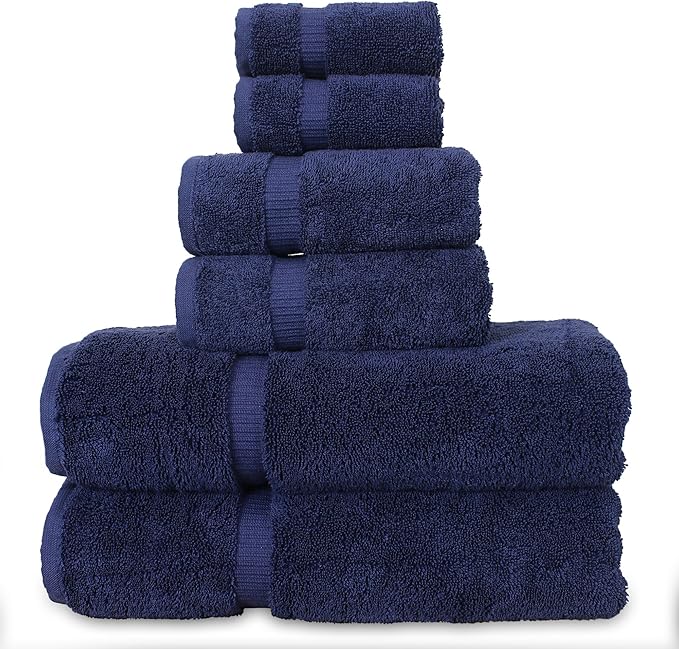 Luxury Hotel & Spa Quality Collection, Highly Absorbent & Quick Dry 100% Turkish Cotton, 750+ GSM, Eco Friendly Towel, Dobby Border Towels, 2 Bath Towel, 2 Hand Towel, 2 Washcloths (6 Piece, Navy)