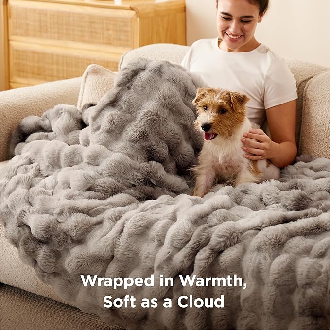 Bedsure GentleSoft Fluffy Faux Fur Throw Blanket, Fuzzy Soft Bubble Blanket for Couch, Faux Fur Decor for Home Bedroom Living Room, Thick Furry Cozy Gifts for Women, Tie-dye Brown, 50x60 Inch