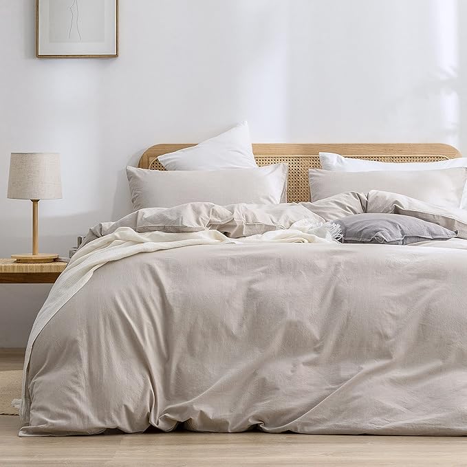 BESTOUCH Duvet Cover Set 100% Washed Cotton Linen Feel Super Soft Comfortable Chic Lightweight 3 PCs Home Bedding Set Solid Linen Grey Full/Double