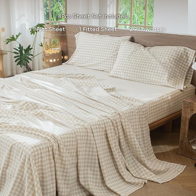 MooMee Gingham Sheet Set 100% Washed Cotton Linen Like Textured Breathable Soft w/ Fully Elasticized 16-19" Deep Pocket (Classic Gingham Almond Milk Grey, Queen)