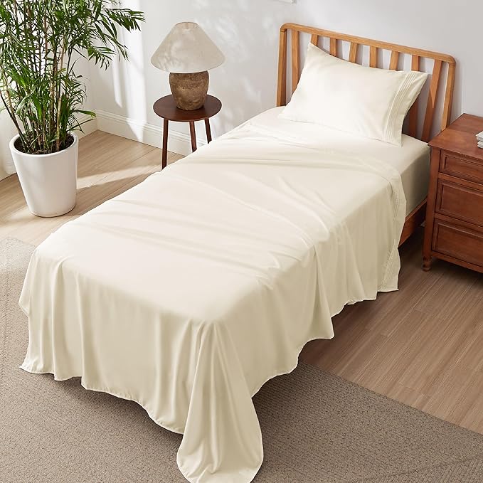Bedsure Deep Pocket Twin Sheets Set - Fits Mattresses Up to 21 Inches Thick -3 Piece GentleSoft Bed Sheets, Moisture Wicking, Soft & Cooling Bedsheet & Pillowcases, Easy & Secure Fit, Ivory