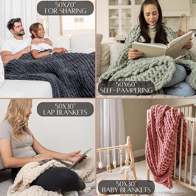 SAMIAH LUXE Chunky Knit Blanket Throw 50x60", Grey Chenille Chunky Knit Throw Blanket for Living Room Decor or Boho Decor, Thick Yarn Knitted Blankets for Couch or Bed, Cable Knitted Crochet Blankets