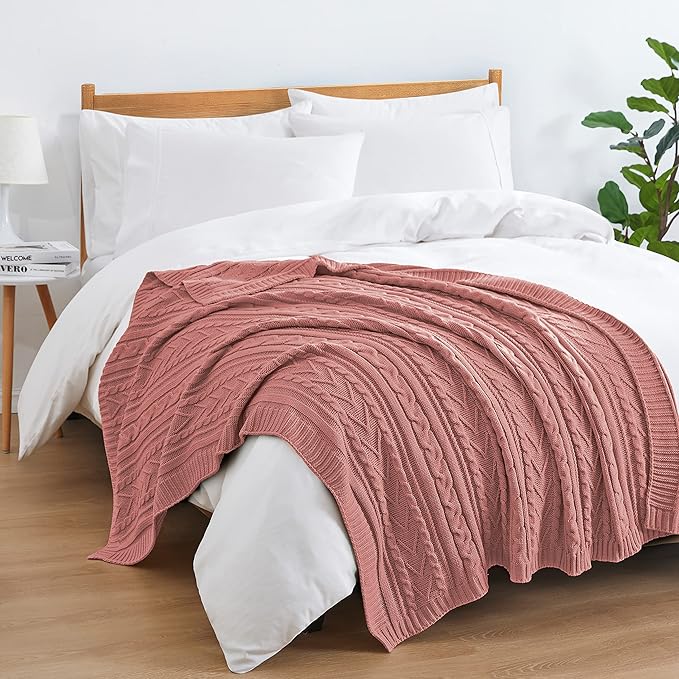 Aormenzy Dusty Pink Cable Knit Throw Blankets for Couch Bed Sofa, Acrylic Knitted Blanket, Soft Cozy Throw Blanket, 50" x 60"