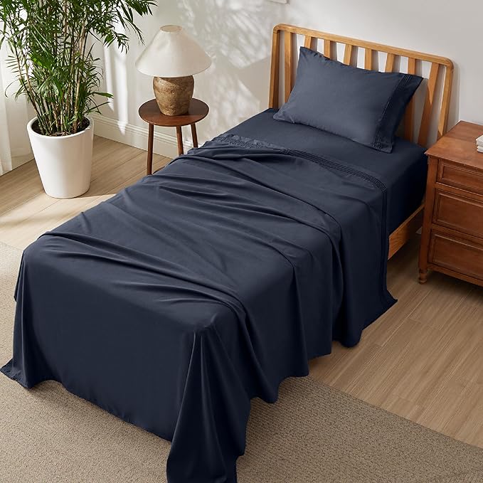 Bedsure Deep Pocket Twin Sheets Set - Fits Mattresses Up to 21 Inches Thick -3 Piece GentleSoft Bed Sheets, Moisture Wicking, Soft & Cooling Bedsheet & Pillowcases, Easy & Secure Fit, Navy