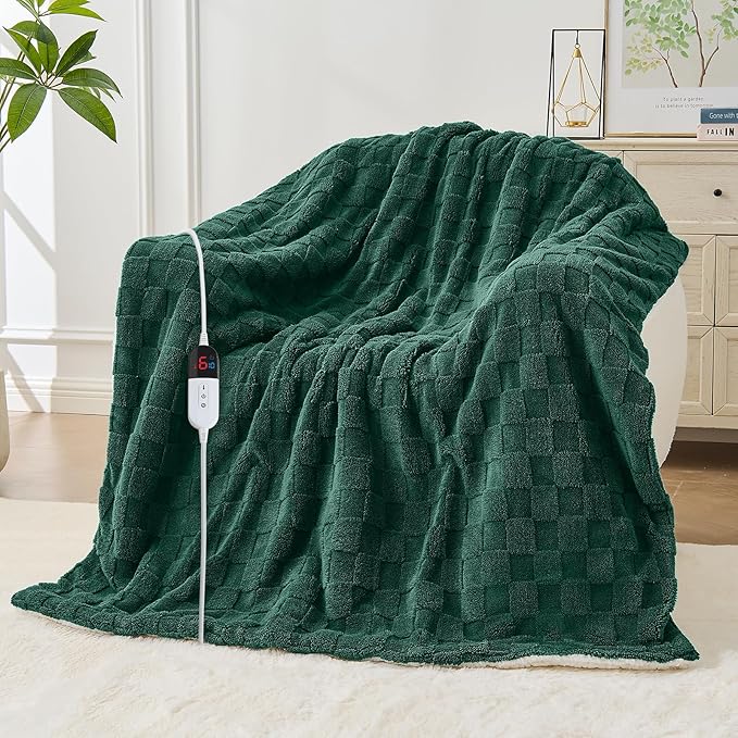 Electric Heated Blanket Full Size - Jacquard Checkered Sherpa 72"x84" Fast Heating Bed Blankets with 6 Heating Levels & 10 Hours Auto Off, Over-Heat Protection ETL, Dark Green