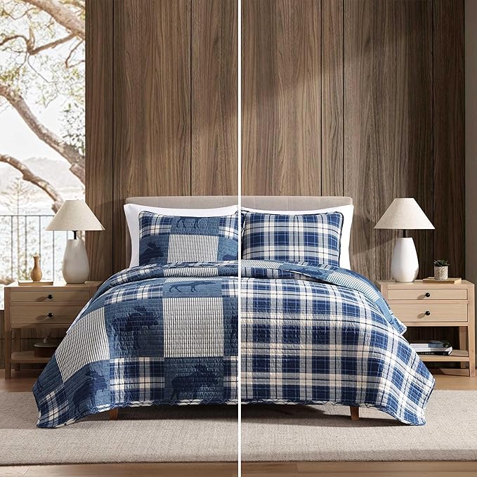 Eddie Bauer - Twin Quilt Set, Naturally Soft Cotton Bedding w/a Lightweight Feel for All-Year Comfort, Reversible w/Matching Pillowcase, 2 Piece Bed Set (Moose Plaid/Pinstripe/Patchwork Blue)