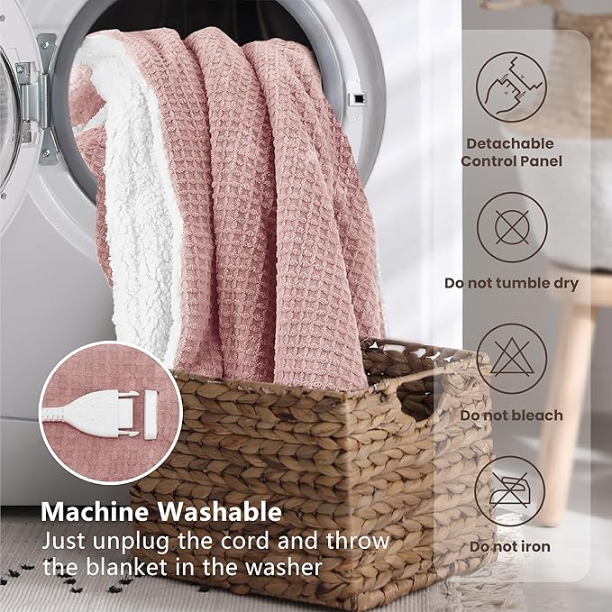 Heated Blanket Electric Throw Waffle, 50x60 Inches Sherpa Fleece Fast Heating Blanket 6 Heating Levels & 4 Hours Auto Off ETL Certification, Pink Throw