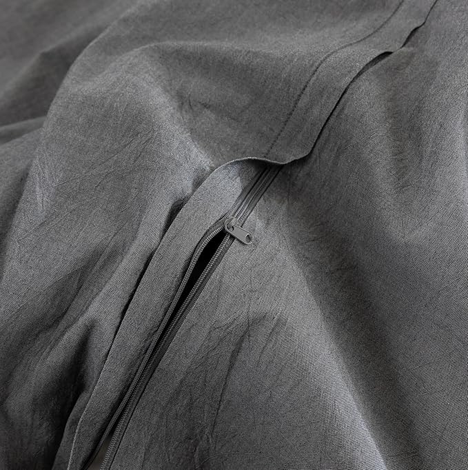 FOSSA Duvet Cover Set 100% Washed Cotton Linen Feel Super Soft Breathable Cozy 3 Pieces Bedding Sets Solid Dark Grey Full/Double