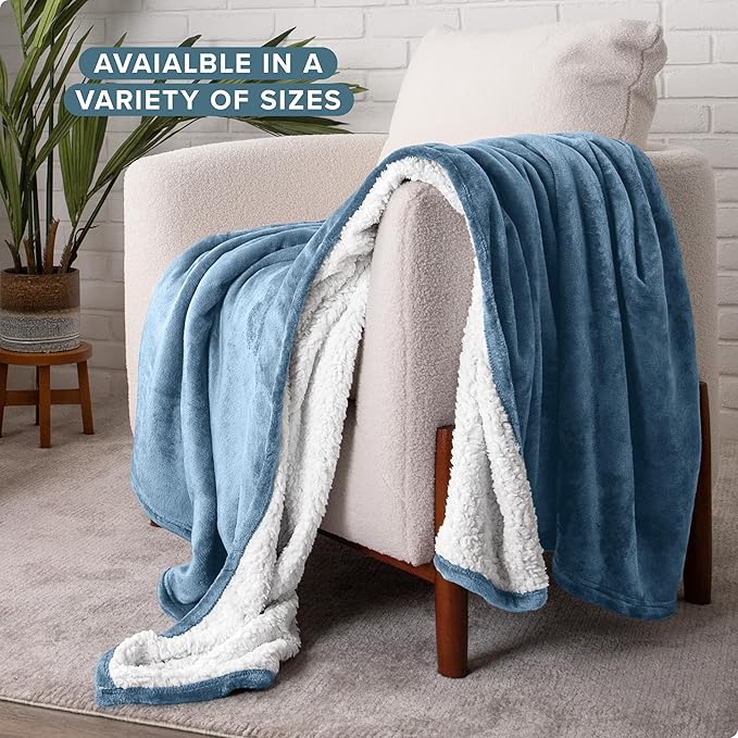 Bare Home Sherpa Fleece Blanket - Full/Queen Size - Blanket for Bed, Sofa, and Couch - Warm & Lightweight - Fluffy & Soft - Reversible (Full/Queen, Coronet Blue)