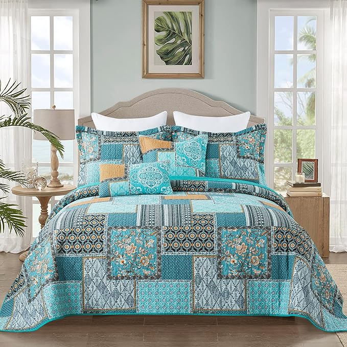 BEDIFANY Cotton California King Size Quilt for Farmhouse- Teal Oversized King Bedspread Set - Highly-Woven Soft Lightweight Coverlet for All Seasons, 3 Pieces