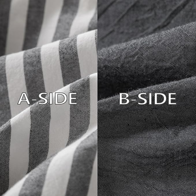Reversible Duvet Cover Set 100% Washed Cotton Dark Grey Stripe Linen Feel Duvet Cover Queen Size with Zipper Closure & 2 Pillow Shams,Dark Grey/White Stripe Reverse Solid Dark Grey