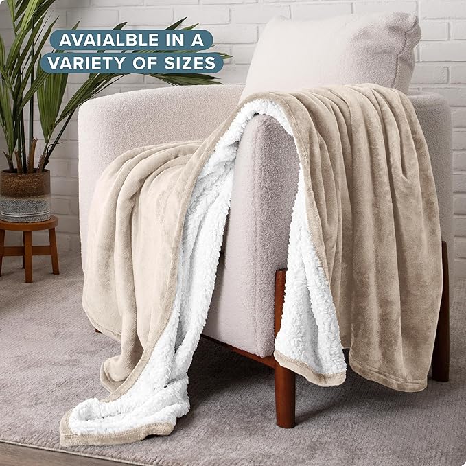 Bare Home Sherpa Fleece Blanket - Full/Queen Size - Blanket for Bed, Sofa, and Couch - Warm & Lightweight - Fluffy & Soft - Reversible (Full/Queen, Oyster)