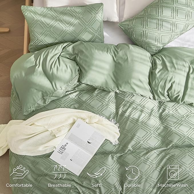 JELLYMONI Duvet Cover Twin Size Light Green - 3PCS Boho Duvet Cover Set Plaid Polyester Tufted Bohemian Jacquard Knit Textured Comforter Cover 68×90in Rhombic Geometric Pattern Corner Ties & Zipper