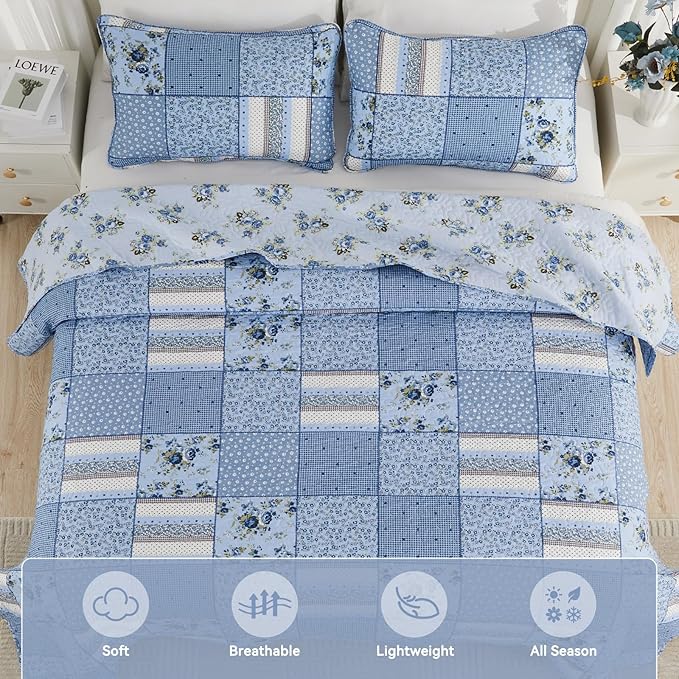 ENJOHOS Blue Plaid Floral Quilt Set King Size 98"x106", 3 Pcs Boho Bedspread Coverlet Set for All Season, Patchwork Reversible Bedding Set King