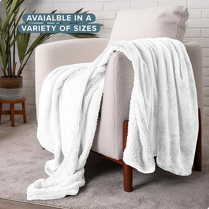 Bare Home Sherpa Fleece Blanket - Full/Queen Size - Blanket for Bed, Sofa, and Couch - Warm & Lightweight - Fluffy & Soft - Reversible (Full/Queen, White)