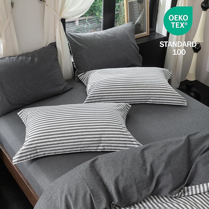 Reversible Duvet Cover Set 100% Washed Cotton Dark Grey Stripe Linen Feel Duvet Cover King Size with Zipper Closure & 2 Pillow Shams,Dark Grey/White Stripe Reverse Solid Dark Grey