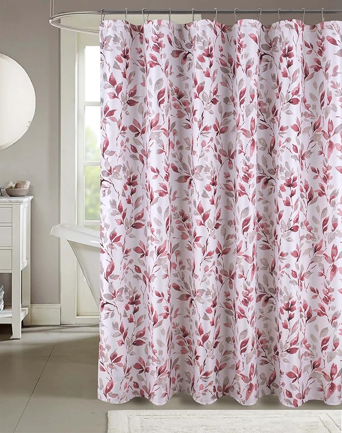 Serafina Home Hotel Quality Fabric Bathroom Shower Curtain: Floral Leaf Damask - Pink, Gray and White (72 x 70 inches)