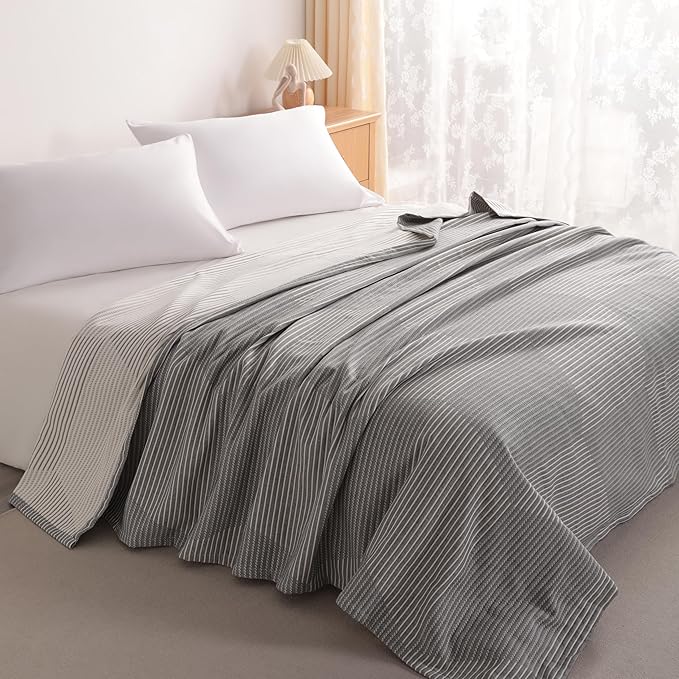 NTBAY 3 Layers Cotton Muslin 106x92 King Bed Blanket, Super Soft Breathable Thermal Yarn Dyed Quilt for Adults, Perfect Lightweight Blanket for Couch Sofa Bed All Seasons, Grey Striped