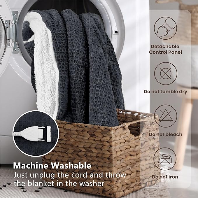 Heated Blanket Electric Blanket Full Waffle,72x84 Inches Sherpa Fleece Fast Heating Blanket 6 Heating Levels & 10 Hours Auto Off ETL Certification,Charcoal Grey Full