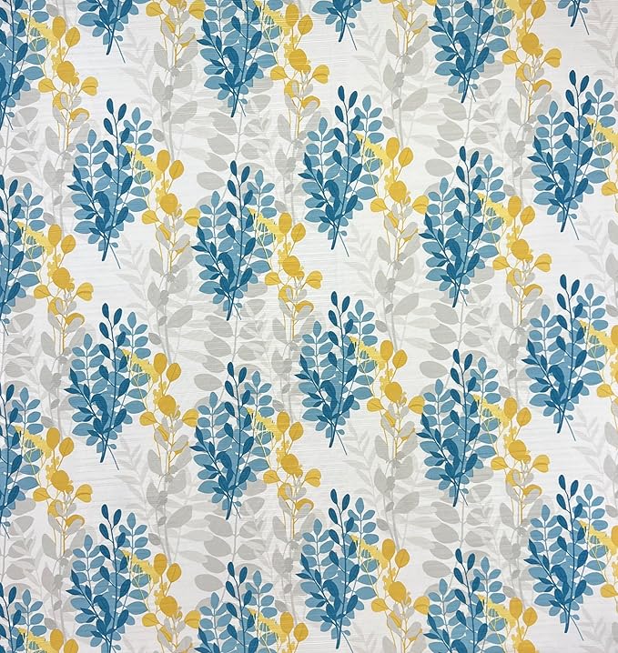 Serafina Home Hotel Quality Fabric Bathroom Shower Curtain: Floral Leaf Damask - Blue, Teal, Yellow, Grey and White (72 x 70 inches)