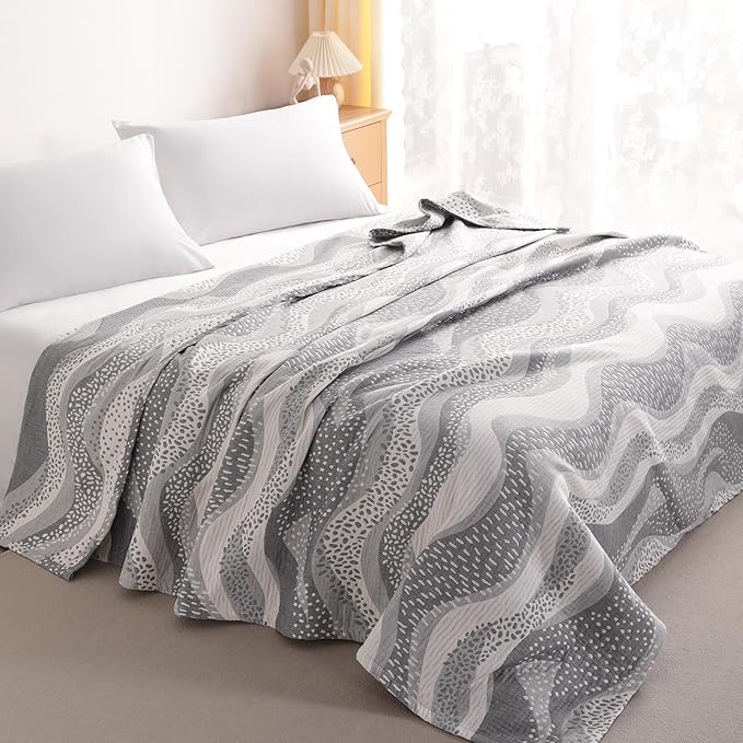NTBAY 3 Layers Cotton Muslin 106x92 King Bed Blanket, Super Soft Breathable Thermal Yarn Dyed Quilt for Adults, Perfect Lightweight Blanket for Couch Sofa Bed All Seasons, Grey Wheat Waves