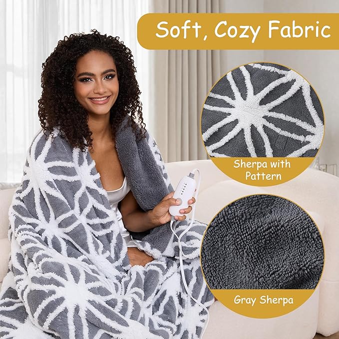 Electric Heated Blanket Full Size 50"x60" Ultra Soft Sherpa Fleece with Elegant Prints, 5 Heat Levels & 3H Auto-Off, Fast Heating for Cozy Winter Comfort, Grey & White