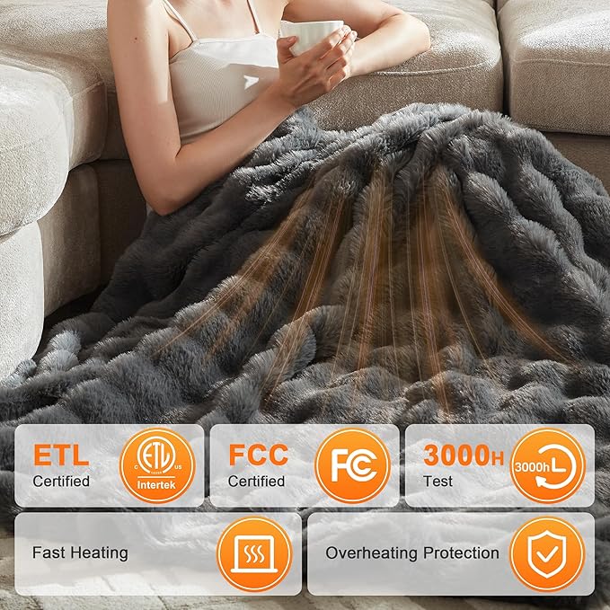 Heated Throw Blanket - Plush Thick Bubble Faux Fur Heated Blanket, Fast Heating Electric Blanket 6 Heating Levels & 4 Hours Auto-Off, Machine Washable, 50"x60", Dark Grey