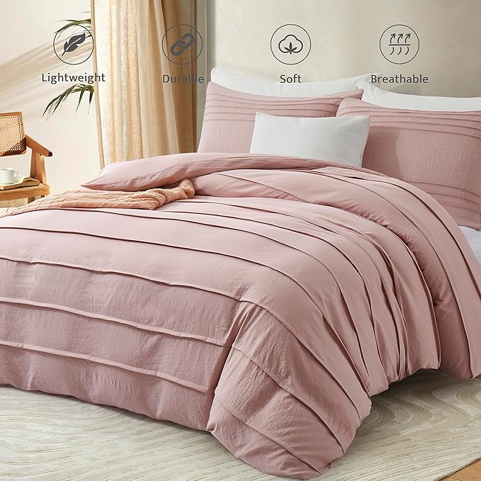 Oli Anderson Misty Rose Duvet Cover Queen Size - Pleated Queen Duvet Cover, 3PCS Soft and Breathable Textured Bedding Set with Zipper Closure(Misty Rose,90"x90")
