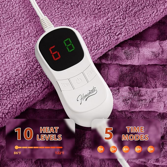 Homemate Electric Heated Blanket Full Size - 72"x84" Heating Blanket Full Size 1/2/4/6/8 Hours Auto-Off 10 Heat Level Over-Heat Protection Luxury Faux Fur Sherpa ETL Certification