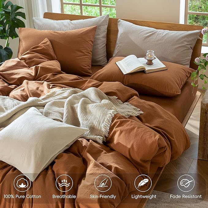 MooMee Bedding Duvet Cover Set 100% Washed Cotton Linen Like Textured Breathable Durable Soft Comfy (Solid Dark Orange, Oversized Queen 98"x98")