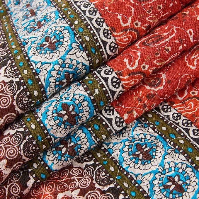 Cozyholy Boho Quilt Twin Size 100% Cotton Quilted Blanket Colorful Bohemian Striped Bedspread Coverlet Reversible Lightweight Stitch Vintage Bed Cover Throw Blanket for Couch Sofa Orange