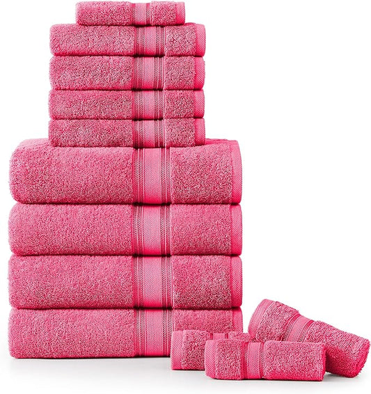 LANE LINEN 12 Pc Bath Towels Set – Ultra Soft 100% Mercerized Cotton, 4 Bath, 4 Hand Towel & 4 Wash Cloth, Zero Twist, Quick-Dry, Long-Lasting Comfort & Hotel Quality, Machine Washable – Fuchsia