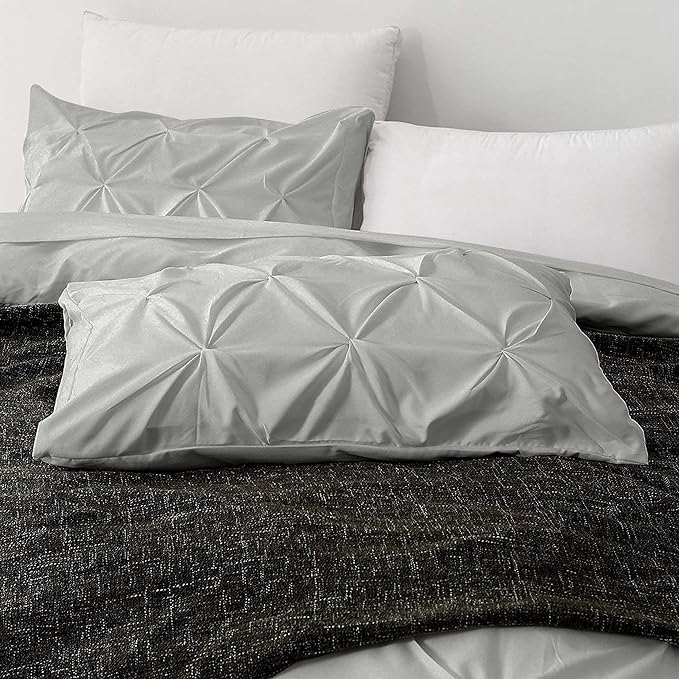 Pinch Pleated Duvet Cover Set 100% Brushed Microfiber 3PC Twin Size 68x90 Duvet Cover Set, Decorative Pinch Design Silver Grey Duvet Cover with Matching Pillow Case