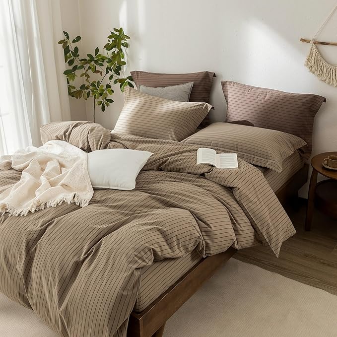 Stripe Duvet Cover Queen Size 90inch x 90inch,100% Washed Cotton Pinstripe Duvet Cover with Zipper Closure and 2 Pillowcases, Color of Light Camel-Black Stripe