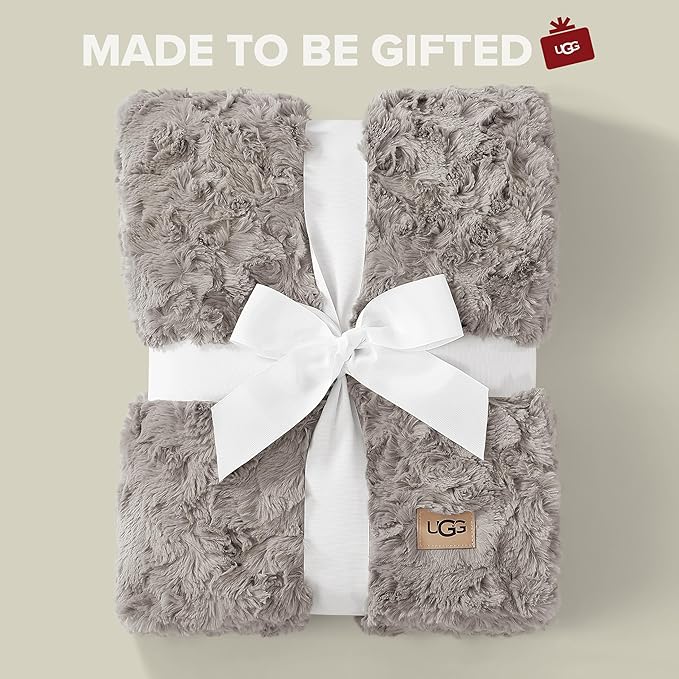 UGG Adalee Faux Fur Throw Blanket Luxury Lightweight Cozy Soft Throw for Couch Bed or Chair Hypoallergenic Machine Washable Double-Sided Fluffy Blanket Home Decor, 50-inch x 70-inch, Seal Grey