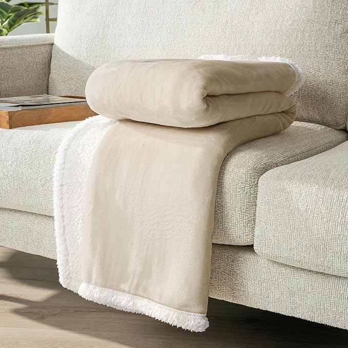 PAVILIA Sherpa Fleece Throw Blanket for Couch, Twin Size, Cream Beige, Plush Soft Fuzzy Sofa Blanket, Cozy Reversible Winter Throw for Women Men, 60x80 Inches