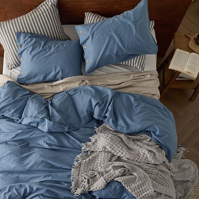 Bedsure Linen Duvet Cover King Size - Linen Cotton Blend Bedding Set, Soft & Cozy, 3 Pieces, 1 Duvet Cover 104x90 and 2 Pillowcases, Foggy Blue Color Cooling Bedding, Comforter Sold Separately