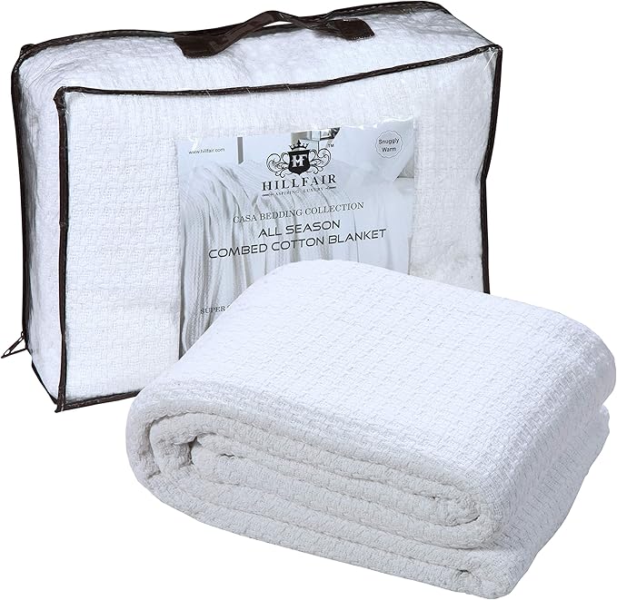 HILLFAIR 100% Combed Cotton Blanket– Twin XL Bed Blanket– Soft Cozy Warm Multipurpose Throws for Luxury Home Decor– 66 x 90 inch Twin XL Size Cotton Blankets for Beds- Blankets for All Season- White