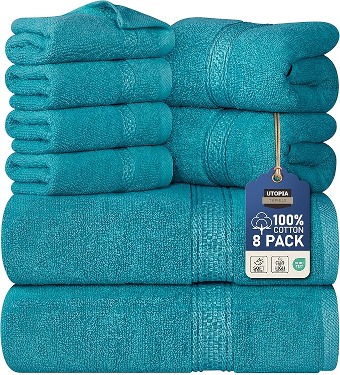 Utopia Towels 8 Piece Premium Towel Set, 2 Bath, 2 Hand, and 4 Wash Cloths, 600 GSM 100% Ring Spun Cotton, Highly Absorbent Towels for Bathroom, Gym, Hotel, and Spa, Teal